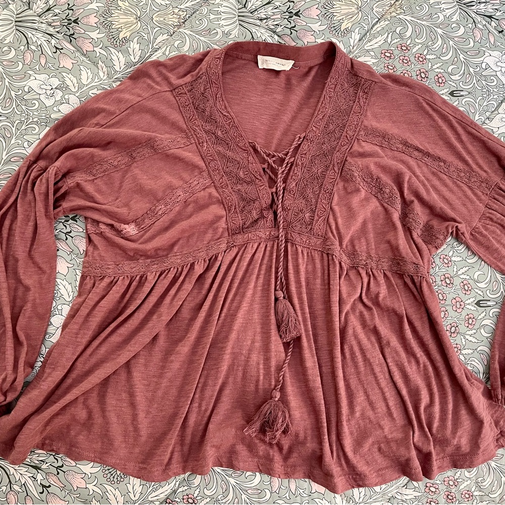 BOHEMIAN Gently worn Lucky Brand Terra cotta color Tie Front Blouse